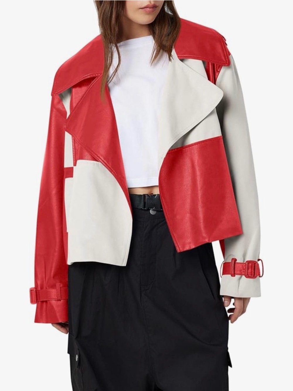 Colorblock Red & Cream VEGAN Leather Jacket - Women